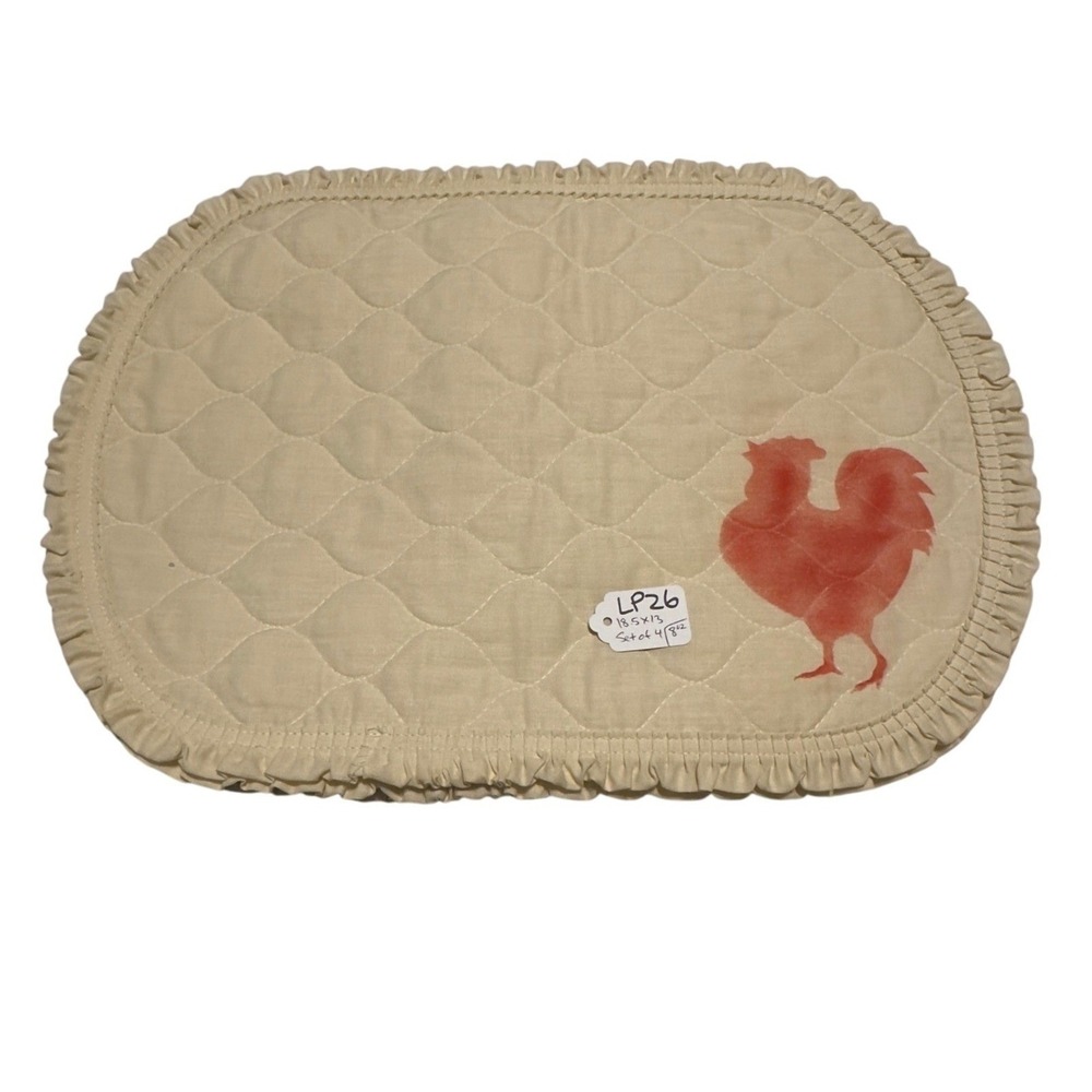 Set of 4 Quilted Rooster Placemats Oval Ruffled Farmhouse Beige Red 18.5x13